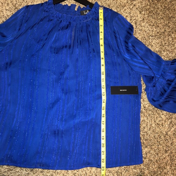 Lulu's Blouse Blue Mock Neck Top Long Bell Sleeve - Picture 11 of 13